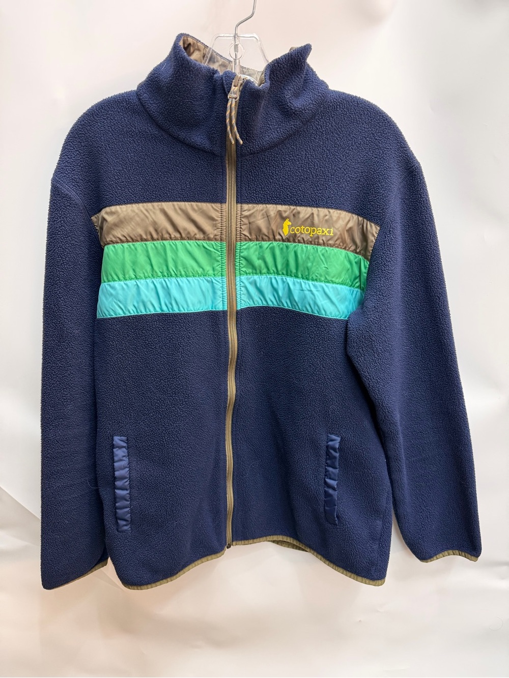 Cotopaxi Navy Fleece Jacket with Green & Teal Stripes Mens size ML